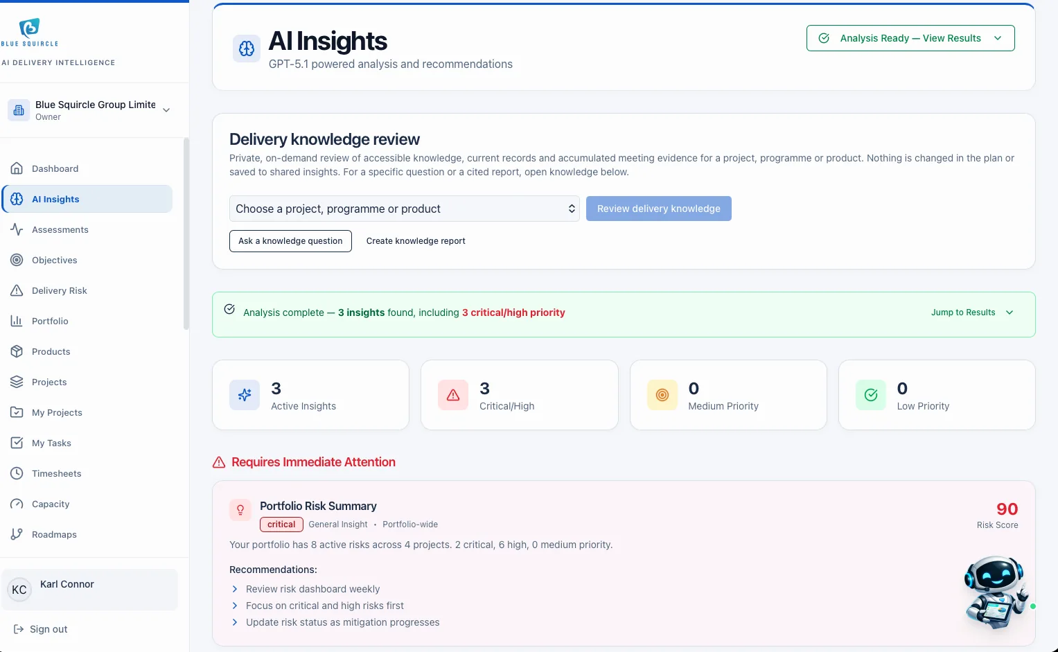 AI Insights with delivery knowledge review controls, insight priorities and a portfolio risk summary