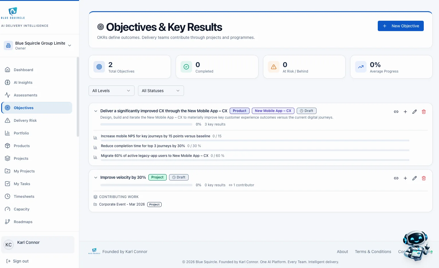 Objectives and key results with draft objectives, progress bars and contributing project work